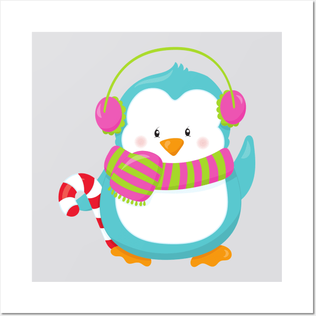 Cute Penguin, Blue Penguin, Penguin With Scarf Wall Art by Jelena Dunčević